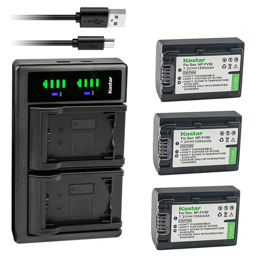 Kastar 3-Pack Battery and LTD2 USB Charger Replacement for Sony HDR-CX350, HDR-CX360, HDR-CX370, HDR-CX380, HDR-CX390, HDR-CX400, HDR-CX410