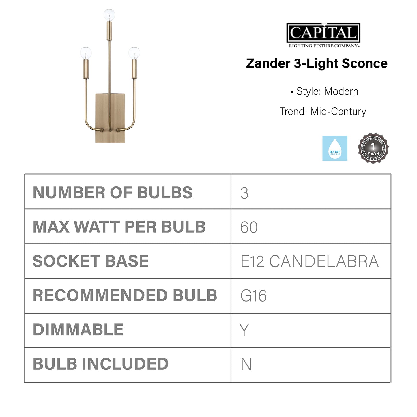 Capital Lighting 621931AD Zander Modern ADA Compliant Organic Wall Sconce, 3-Light 180 Total Watts, 20" H x 9" W, Aged Brass