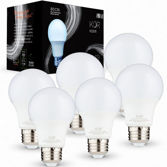 KOR A19 LED Bulbs, 60W Equivalent, 5000K Bright White, E26 Base, 6 Pack