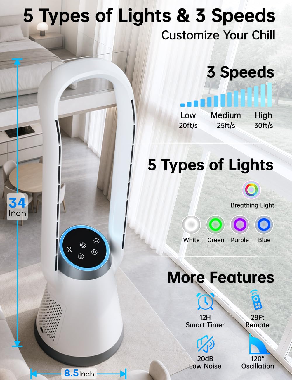 Fancole 35" Bladeless Tower Fan with Remote 25ft, 20dB Ultra Quiet Bladeless Cooling Fan w/ 5 Accent Ambient Lighting Modes, 3 Speeds, 12H Timer, 120°