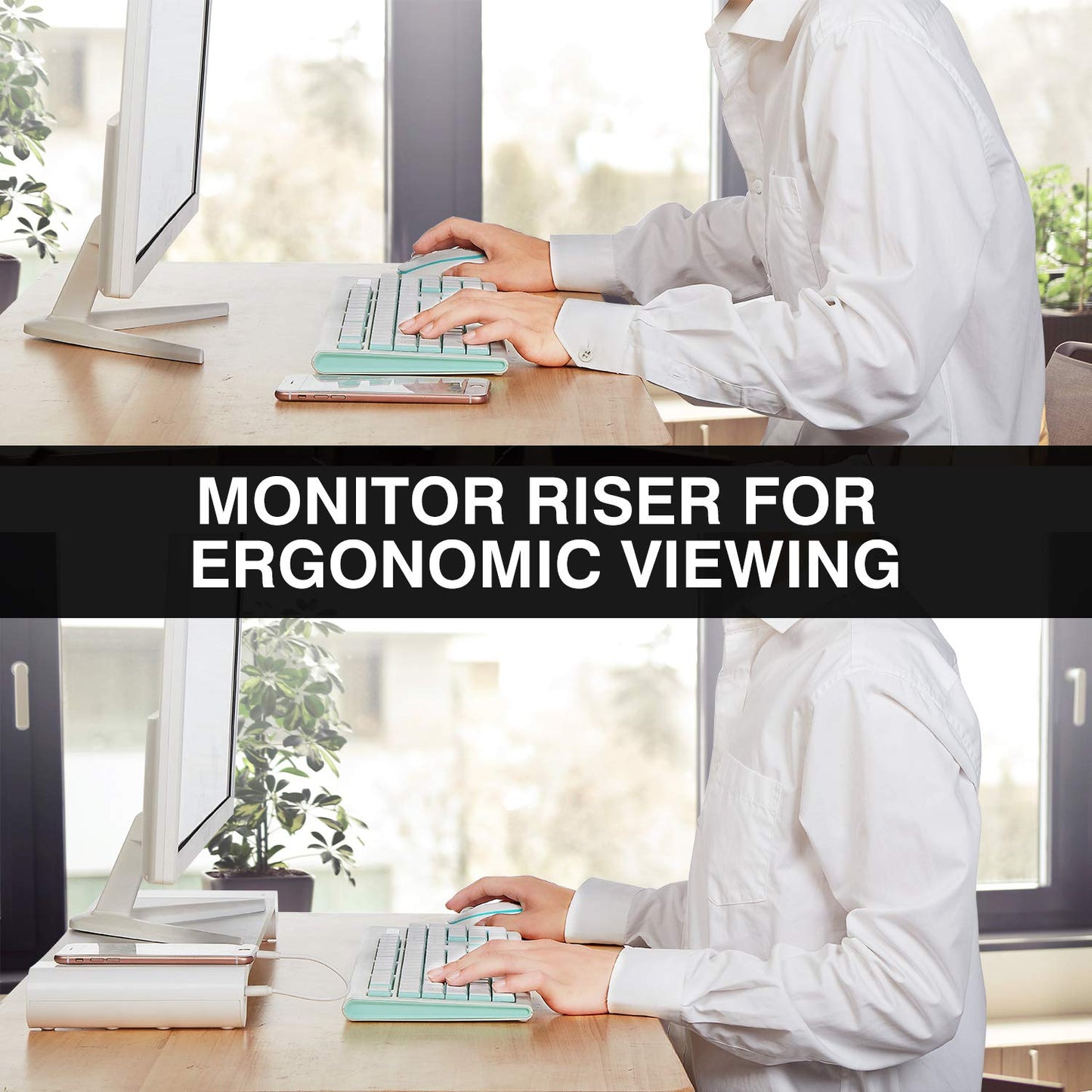 PG Silver Monitor Stand Riser with 4-Port USB Charging ports, Convenient keyboard organiser,Desktop Organizer for Computer, Laptop, TV, Printer