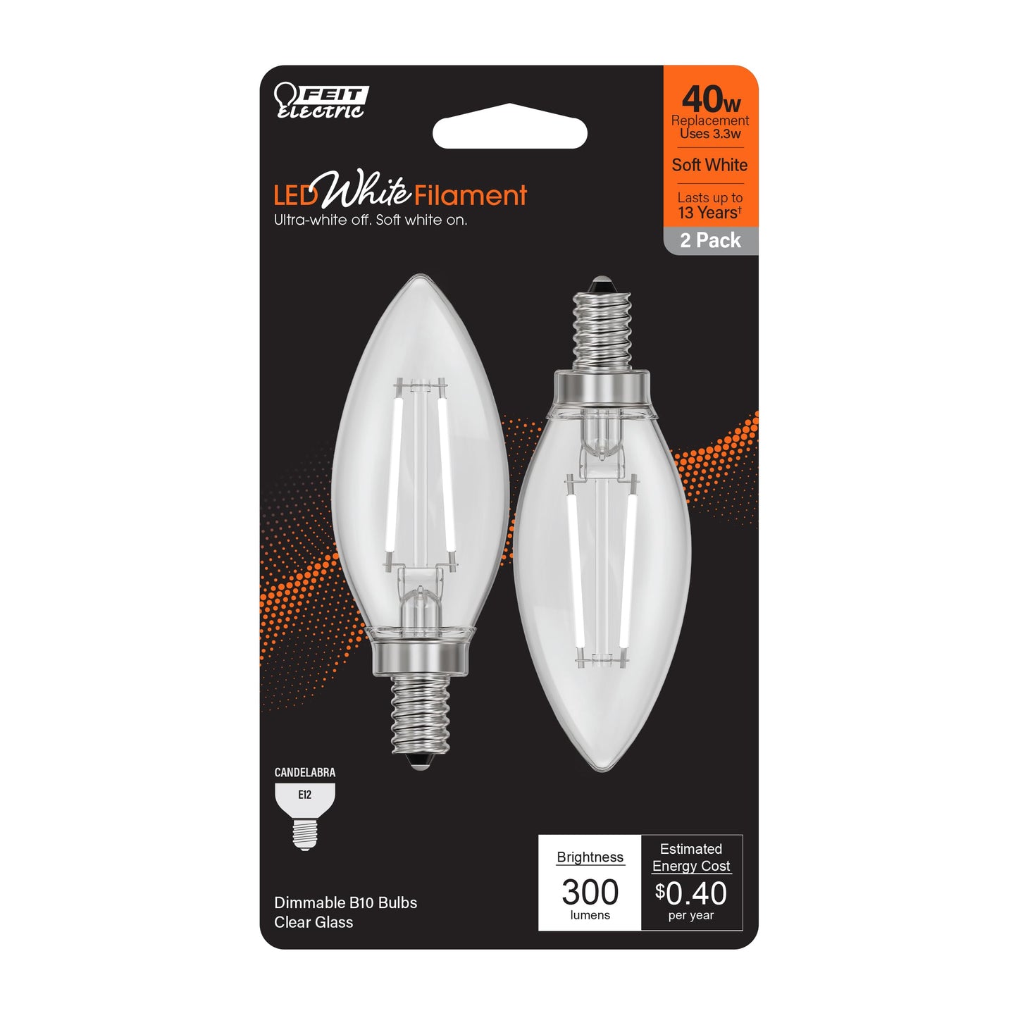 Feit LED Filament B10 E12 (Candelabra) Filament LED Bulb Soft White 40 Watt Equivalence 2 pk