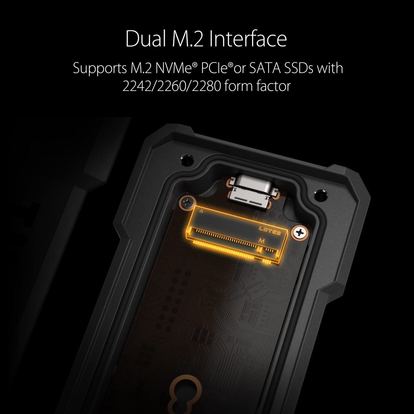 ASUS TUF A1-USB-C 3.2 Gen 2x1 SSD SSD Enclosure, Dual M.2 NVMe PCIe and SATA interfacts, M.2 Q-Latch for Easy Installation, MIL-STD-810H Drop