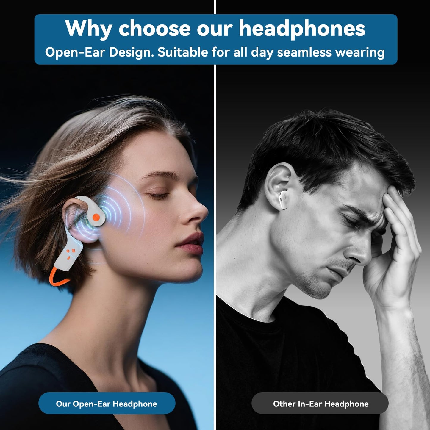 Bone Conduction Headphones, Bluetooth 6.0 Open Ear Headphones with Mic, Type-C Quick Charge, Long Battery Life, IPX5 Sweatproof, Lightweight