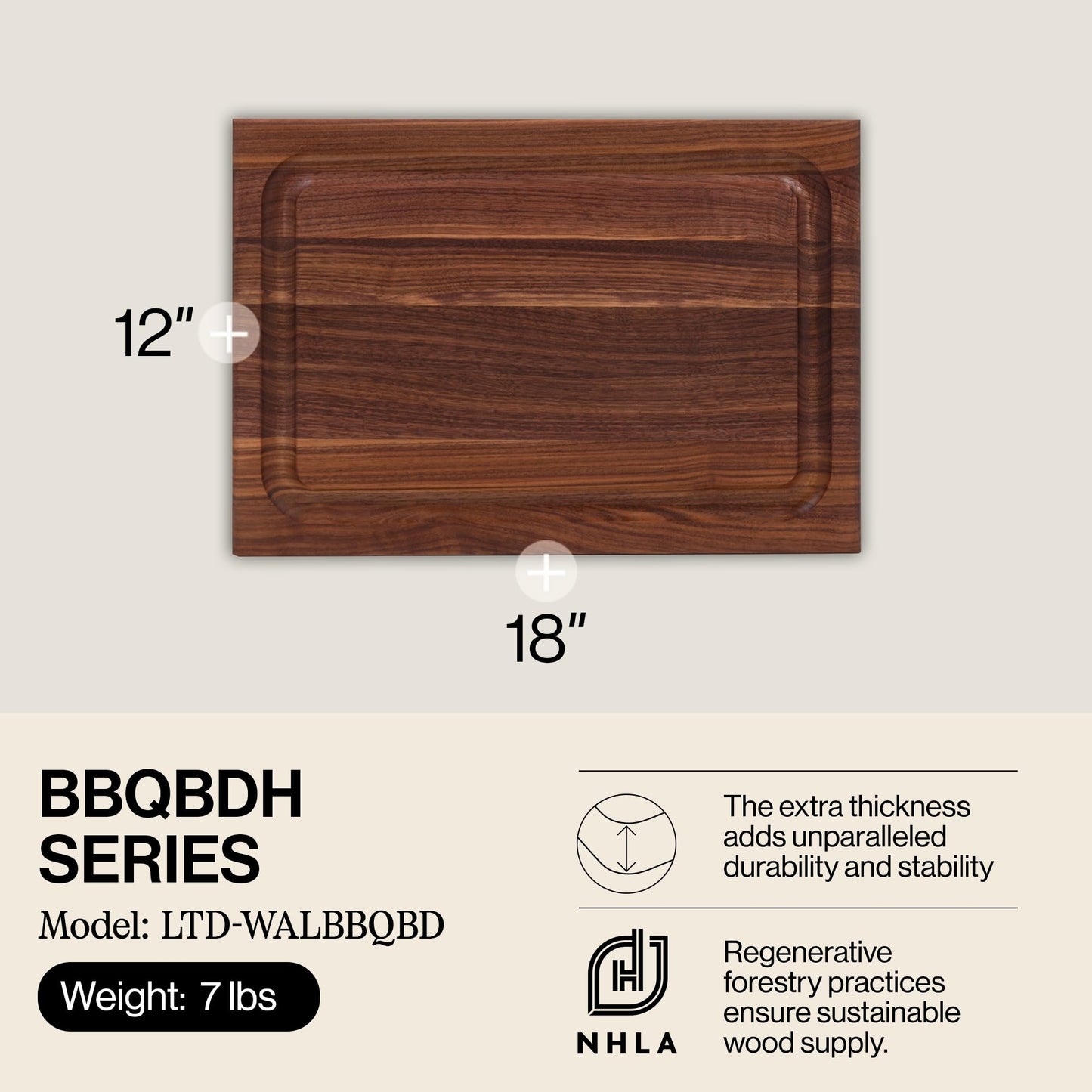 John Boos BBQ Series Rectangular Wooden Walnut Cutting Board 18”x12” - 1.5” Thick, 7-lb Reversible Butcher Block with Juice Groove, Edge-Grain…