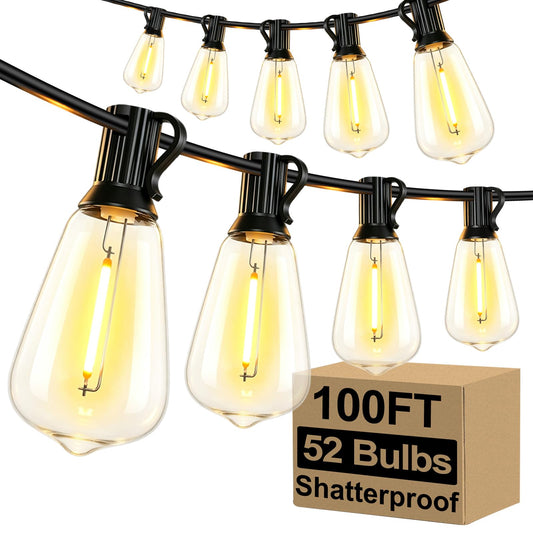 Brightever LED Outdoor String Lights 100FT Patio Lights with 52 Shatterproof ST38 Vintage Edison Bulbs, Outside Hanging Light Waterproof for Porch