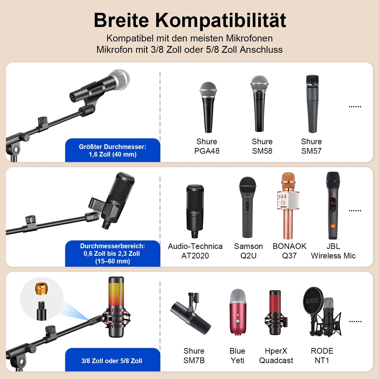 Microphone Stand, Tripod Boom Arm Floor Mic Stand Height Adjustable Heavy Duty for Singing Podcast for Blue Yeti Shure SM58 SM48 Samson Q2U