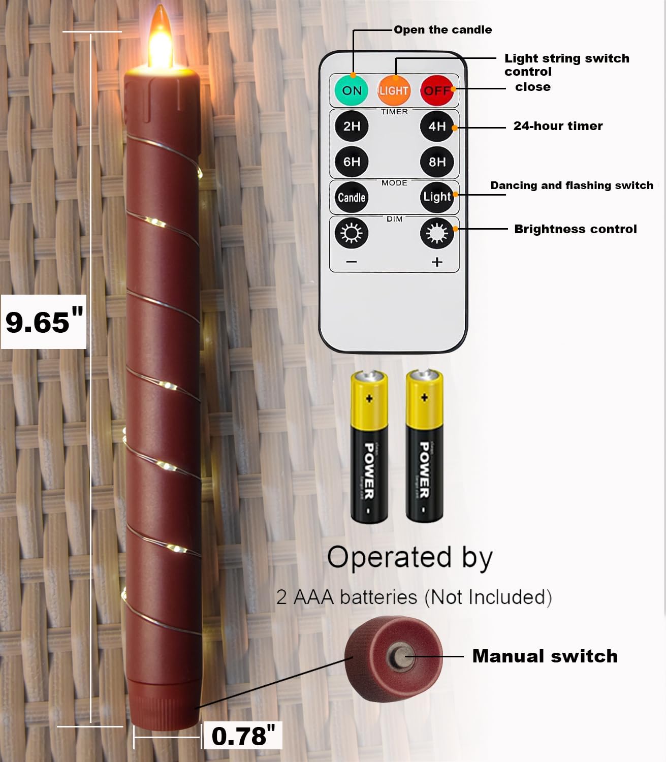 Danip Christmas red flameless Candle with String Light Window Candles with Remote Timer Battery Operated Taper Candle LED Pillar Candles Set of 6