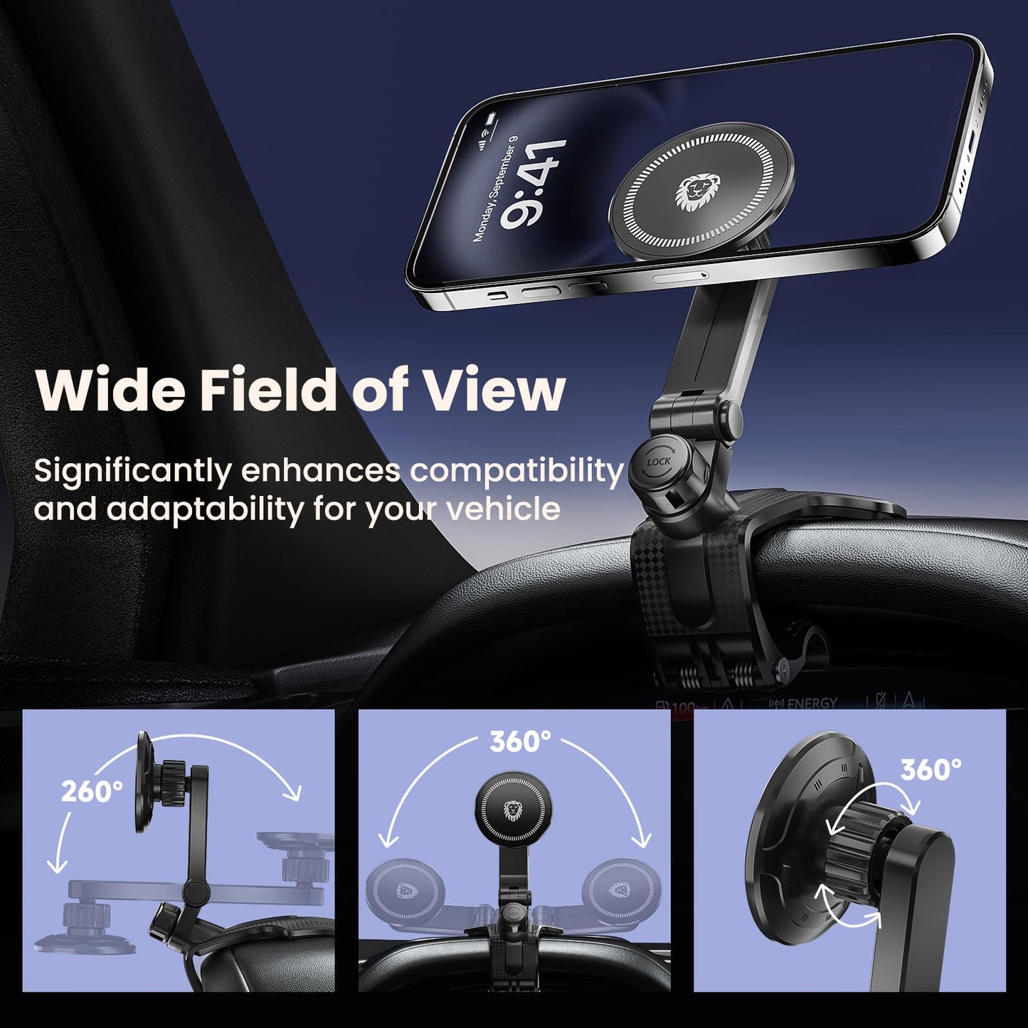 JunDa Universal 360-Degree Rotating Car Phone Holder, Multifunctional Dashboard Phone Mount with Clip for All Smartphones, Secure Flexible Grip
