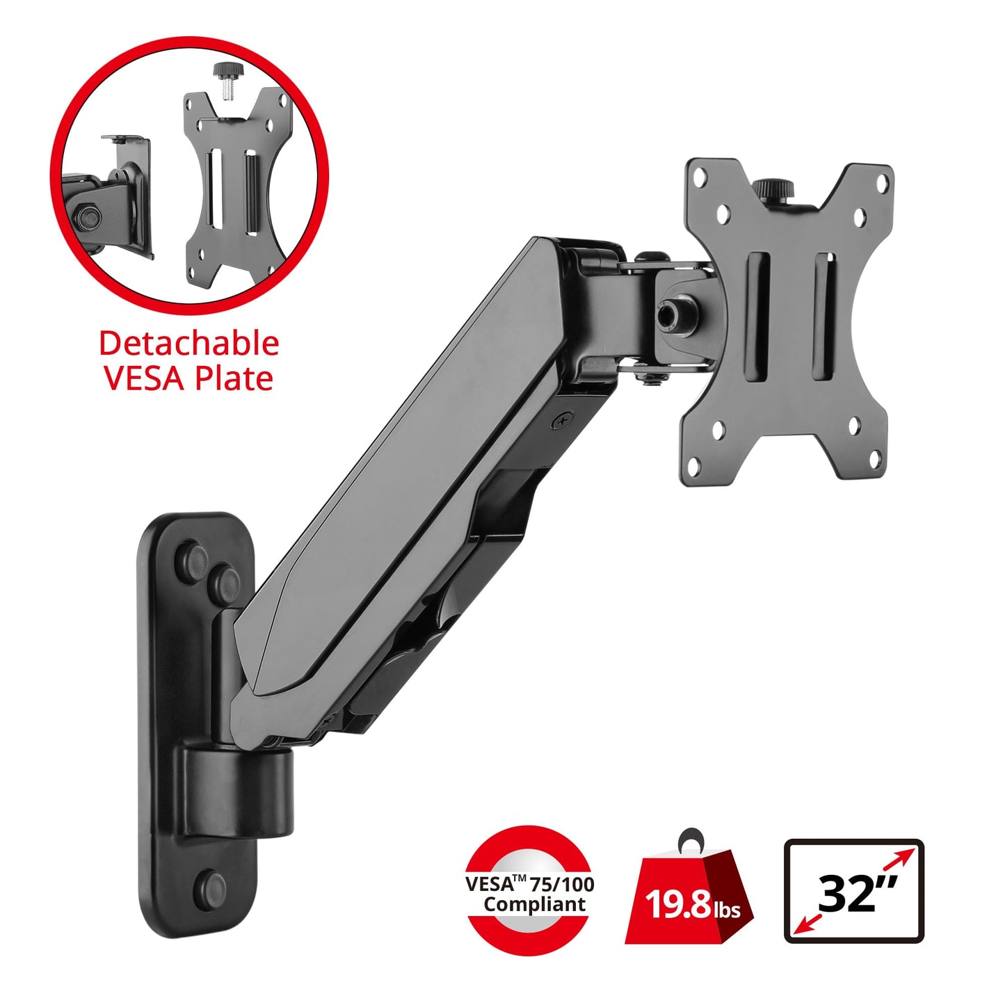 SIIG Aluminum Gas Spring Full Motion Ergonomic Single Arm Monitor Wall Mount - Heavy Duty Holds 17" to 32" Screen, up to 19.8 lbs - Single VESA
