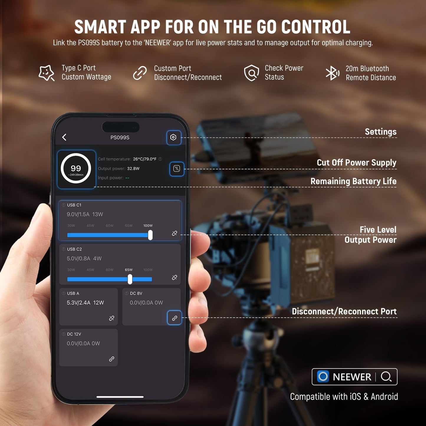 NEEWER Smart Mini V Mount Battery NEEWER APP Control, 6800mAh 99Wh 14.5V with 100W PD Fast Charging, OLED, Dual USB C/D Tap/BP/USB A/Dual DC Ports