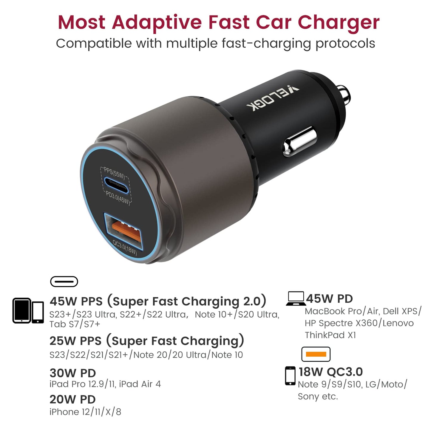 VELOGK Super Fast Type C Car Charger [73W Turbo], Fast Adaptive 55W 45W PPS/PD&QC3.0 USB C Car Adapter[Super Fast Charging 2.0]for Samsung S26/S25