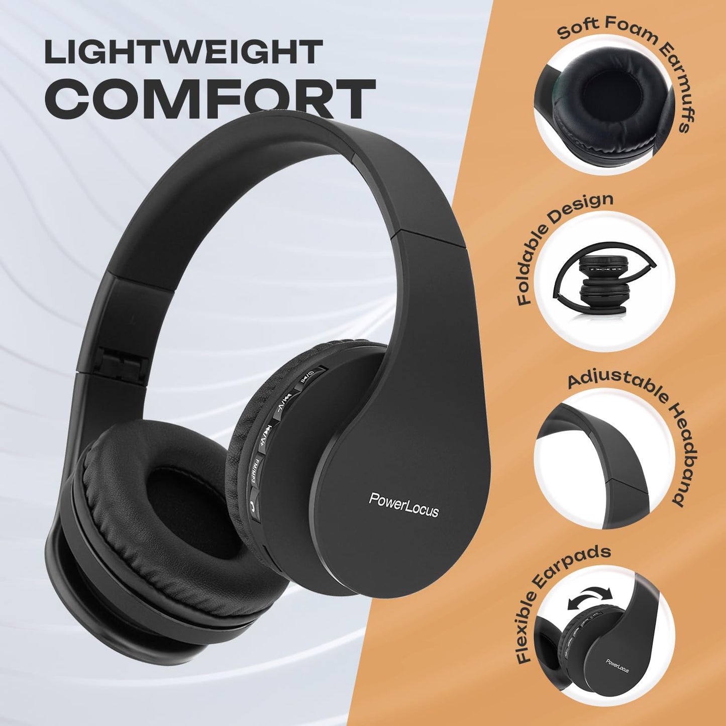 PowerLocus Wireless Bluetooth Over-Ear Stereo Foldable Headphones, Wired Headsets Rechargeable with Built-in Microphone for iPhone, Samsung, LG, iPad…