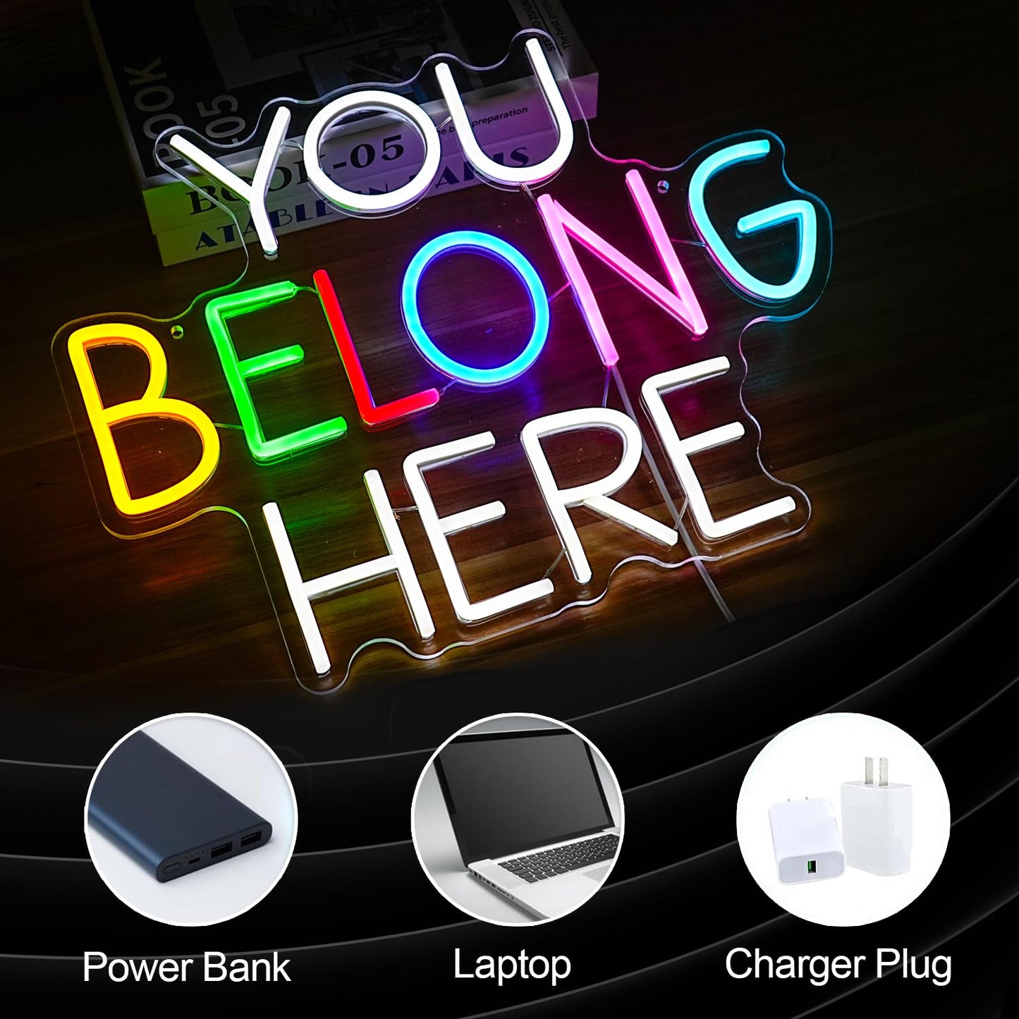 BNEMCEZH You Belong Here Neon Sign Dimmable Colourful LED Neon Light Sign for Wall Decor USB Powered Letters Neon Light for Bedroom Party Classroom