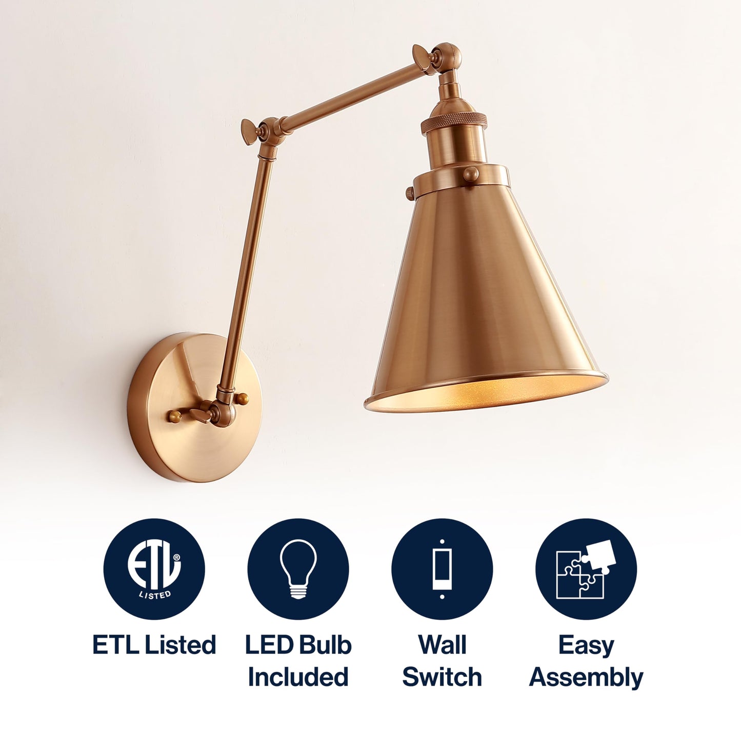 JONATHAN Y 7" Brass Gold Classic Industrial Metal Adjustable Arm LED Wall Sconce for Bedside Reading, Farmhouse Swing Arm Wall Lamp with Metal Shade