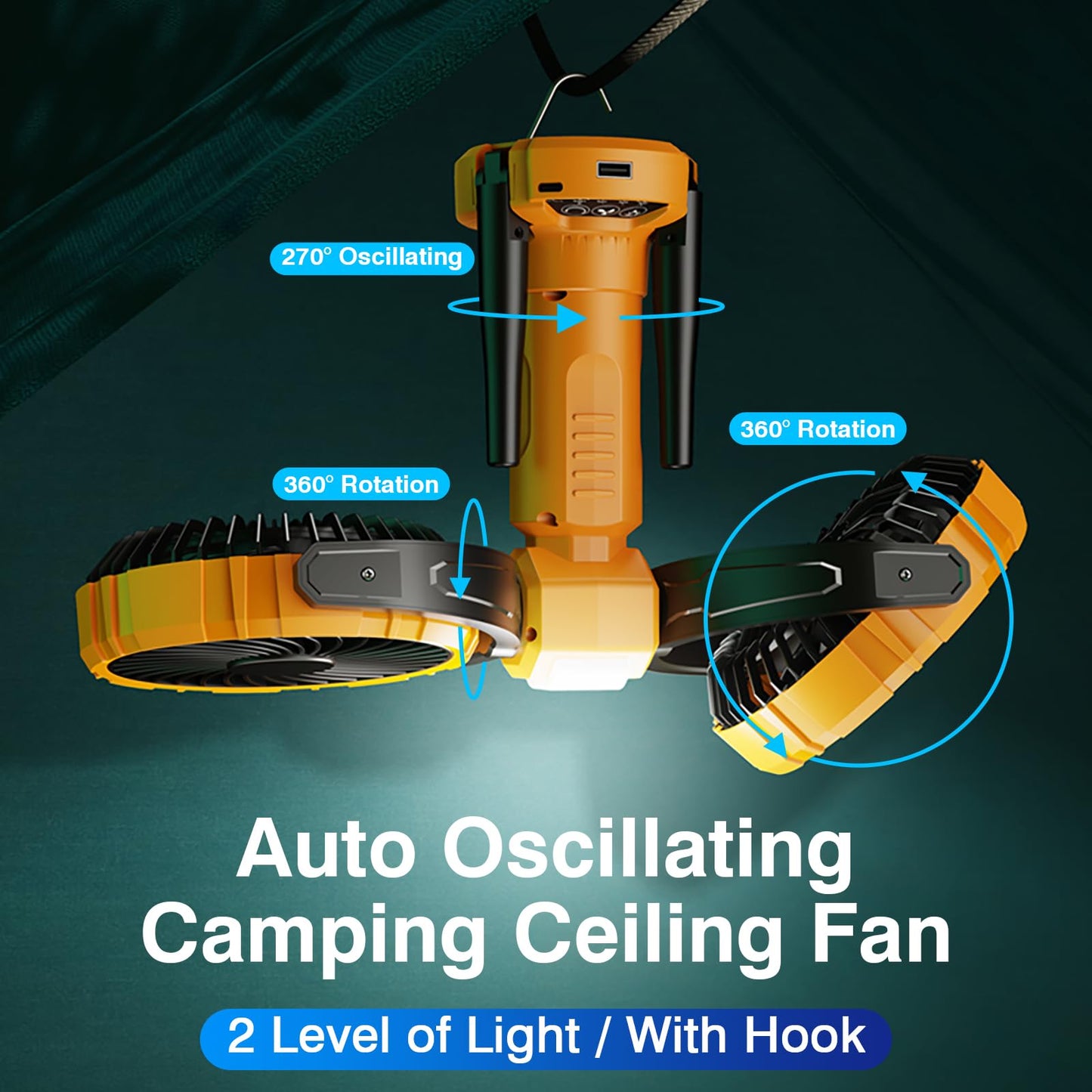 Nauttxon Oscillating Outdoor Camping Fan With Light Hanging Hook