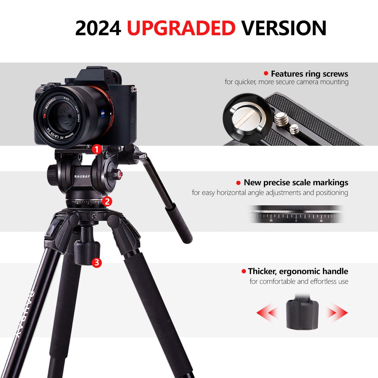 RAUBAY 70.8" Video Camera Tripod, Heavy Duty Tripods Stand with 360° Pan & 165° Tilt Fluid Head, 75mm Bowl Base, Aluminum Single Tube Legs, QR Plate