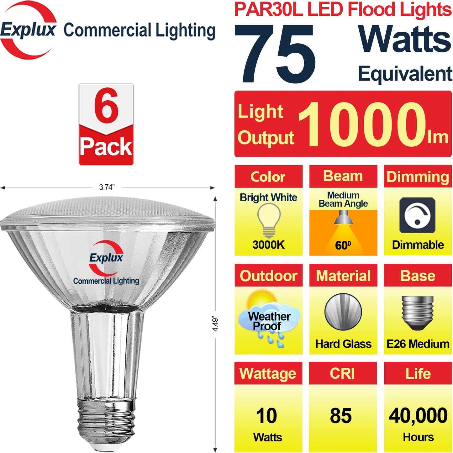 Explux Full Glass PAR30 LED Bulb, 75W Equivalent, Bright White 3000K 6-Pack