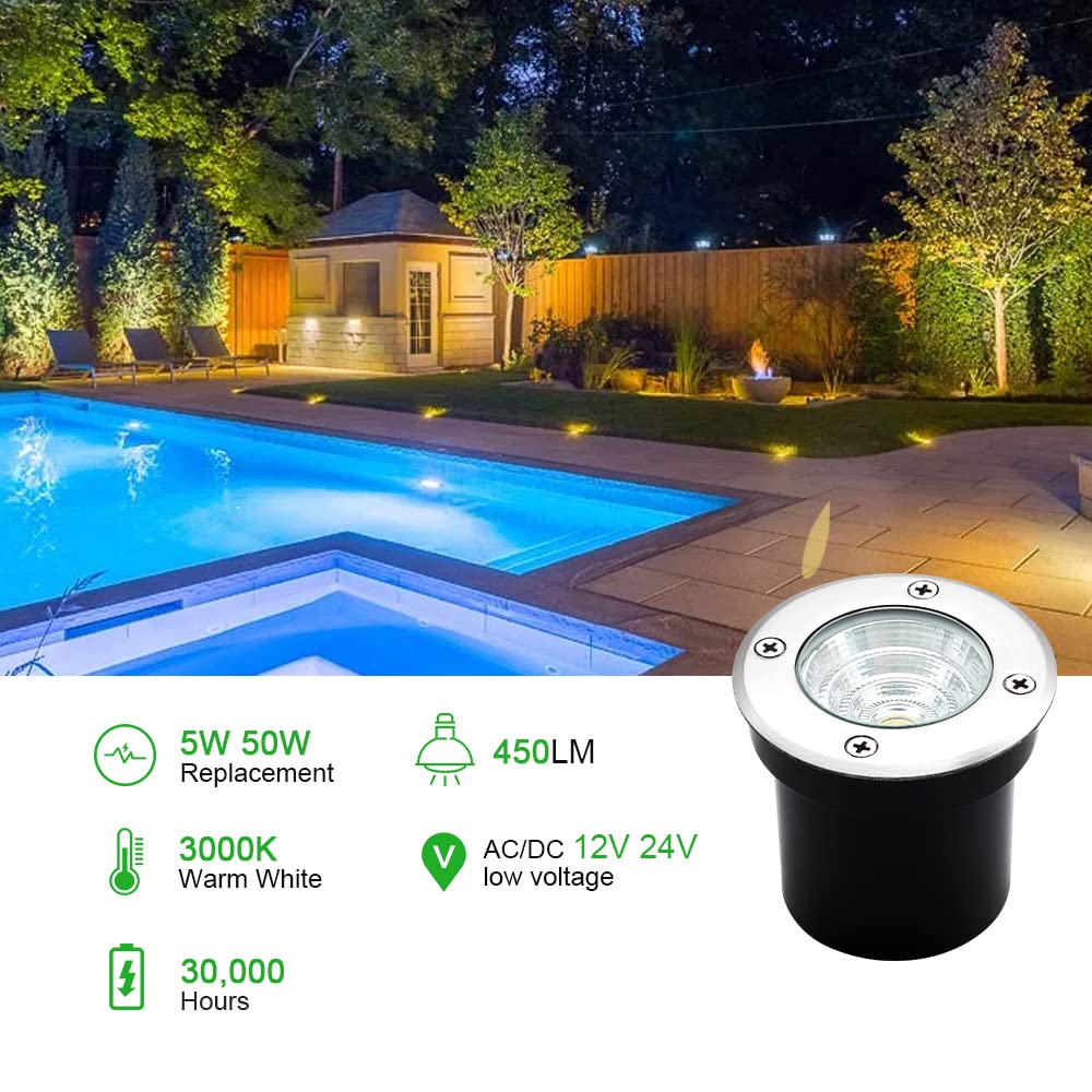 Well Lights Landscape Lighting, Low Voltage Outdoor In Ground Landscape Lights, 5W 12V-24V Waterproof Warm White 3000K Deck Light for Garden, Pathway