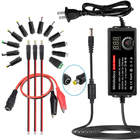 72W Power Supply Adjustable DC 3V ~ 36V Variable Universal Switching AC/DC Adapter AC to DC Converter with LED Voltage Display and 16 Tips, for 3V…