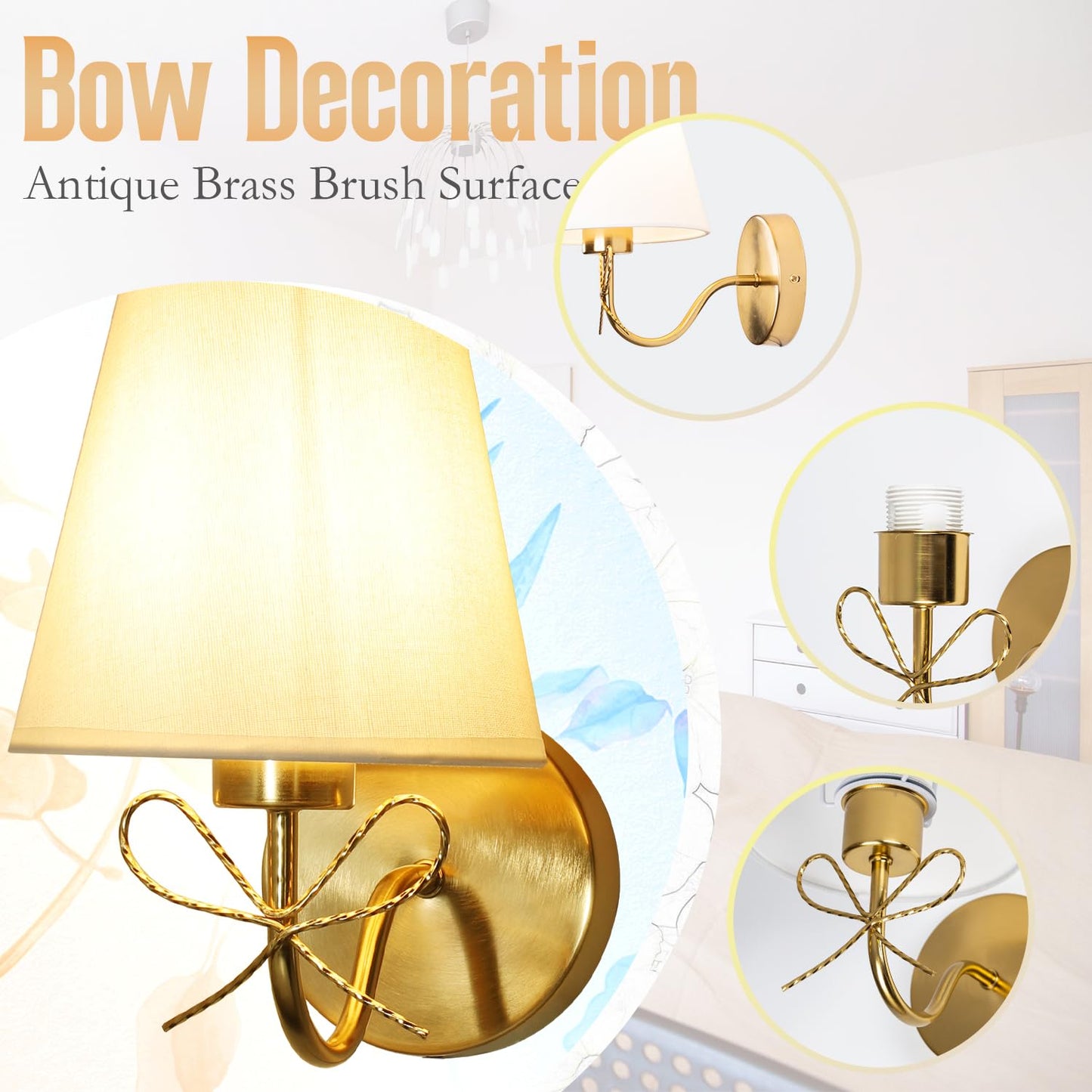 Mesuz Antique Brass Wall Sconces Set of Two, Bow Sconces Decor Gold Wall Lights Brass Brushed Gold Sconce with Fabric Shade, E26 110V Hardwired Wall