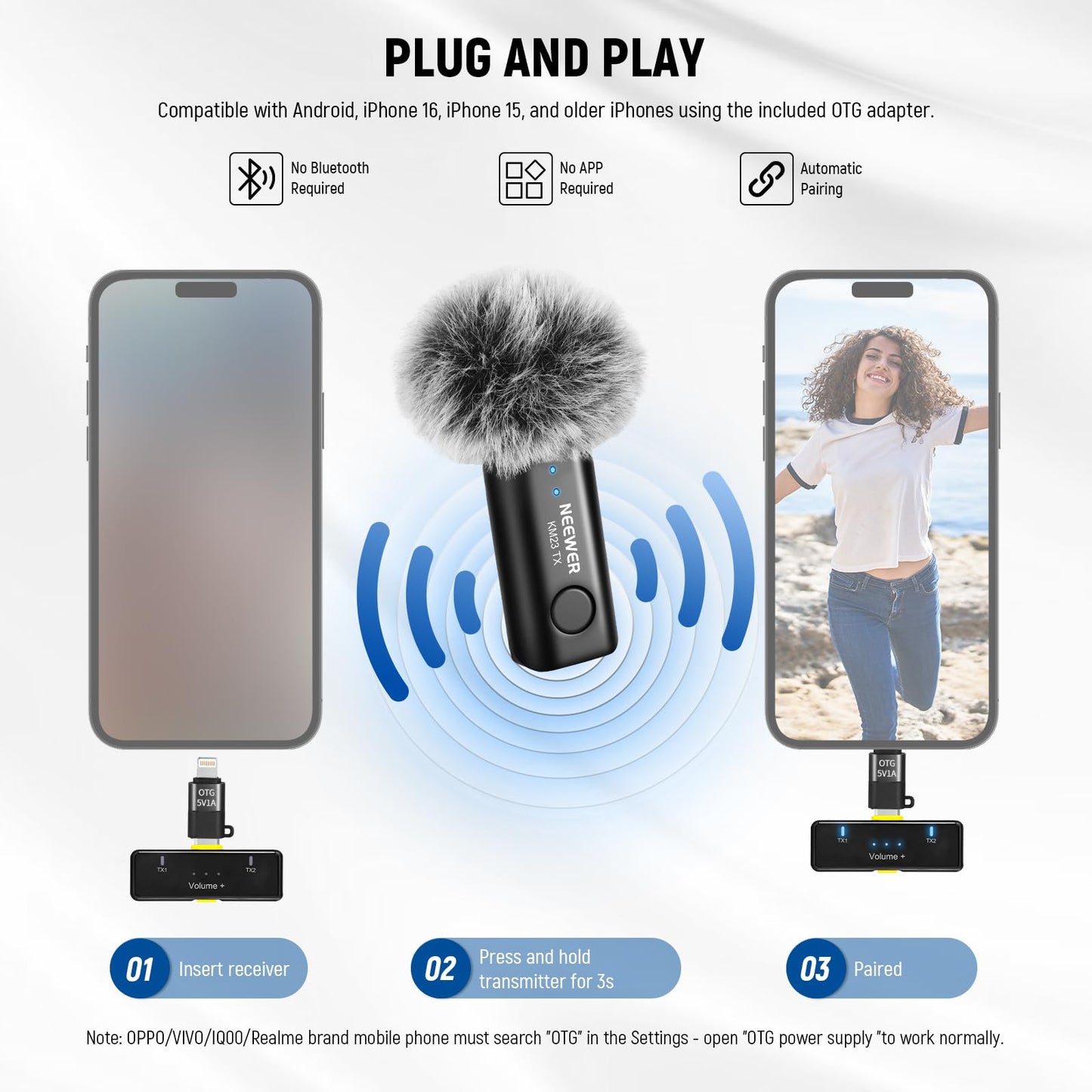 NEEWER Wireless Lavalier Microphone System for USB C, Compatible with iPhone 16 15 Samsung Android Phones, Noise Cancelling Mini Lav Omnidirectional