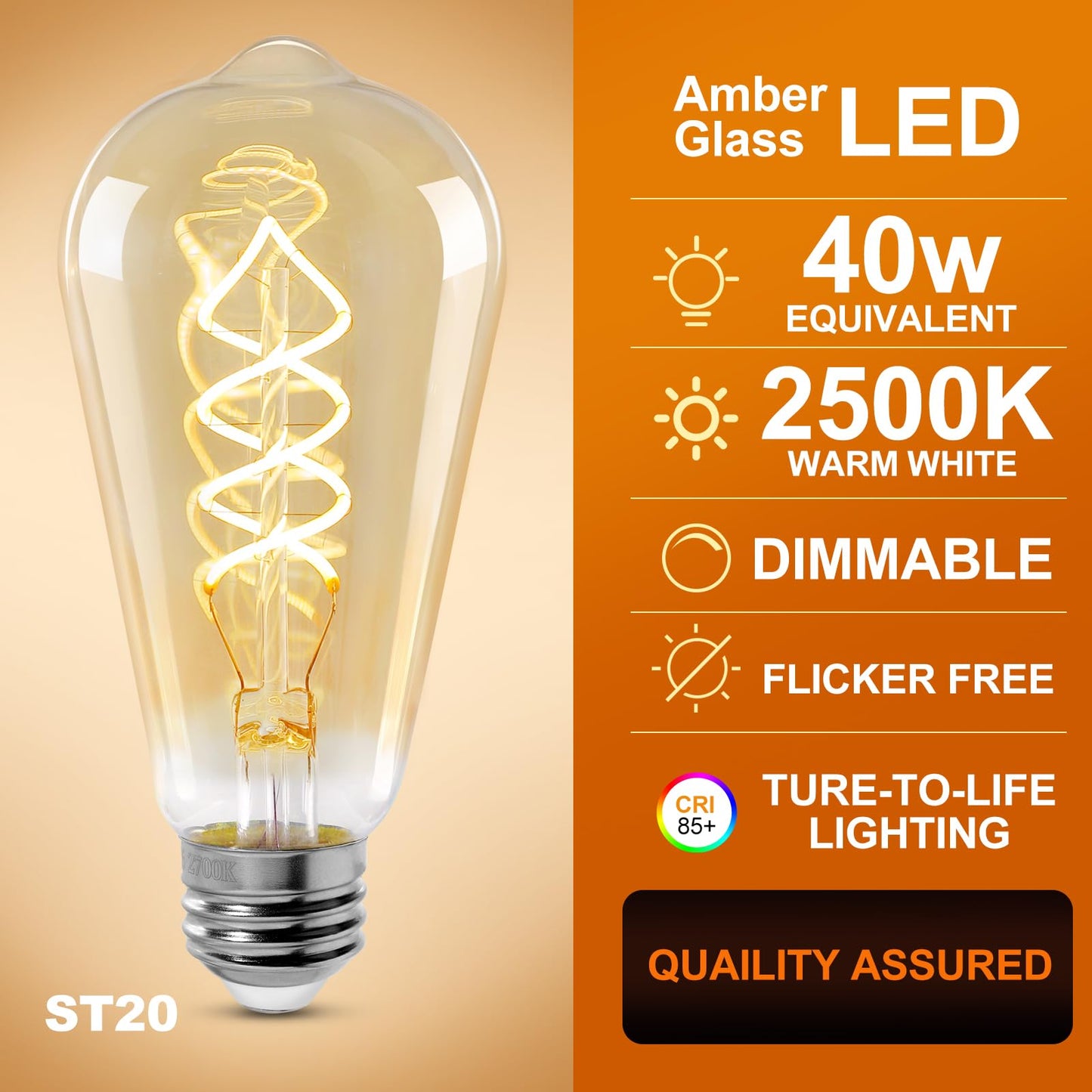 Decoaui ST64 LED E26 Vintage Edison Light Bulbs, Light Amber Glass, Dimmable, 4W(40W Equivalent) 300 Lumens, 2500K Warm White, Spiral Filaments