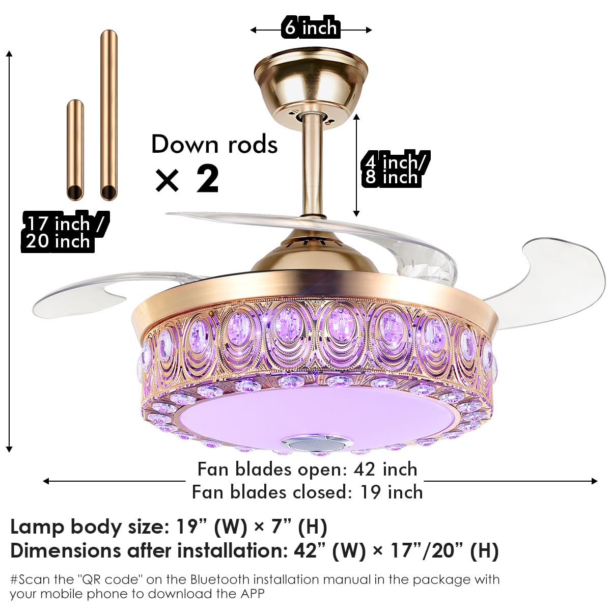 A Million Modern Fandelier Ceiling Fan with Light and Remote, 42”Gold Retractable Chandelier Ceiling Fans with Bluetooth Speaker 3 Speeds RGB LED