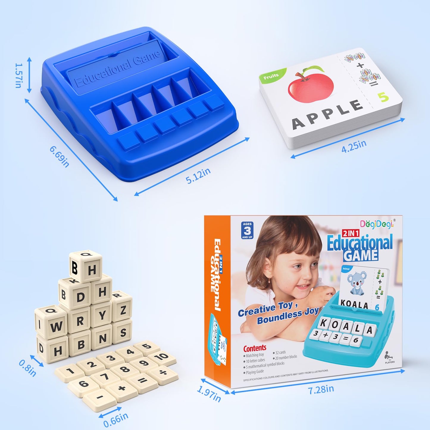 DEGIDEGI Matching Letter & Math Game – Educational ABC Learning Toy for Kids Ages 3–8, Fun Preschool & Kindergarten Gift for Boys & Girls, Navy Blue