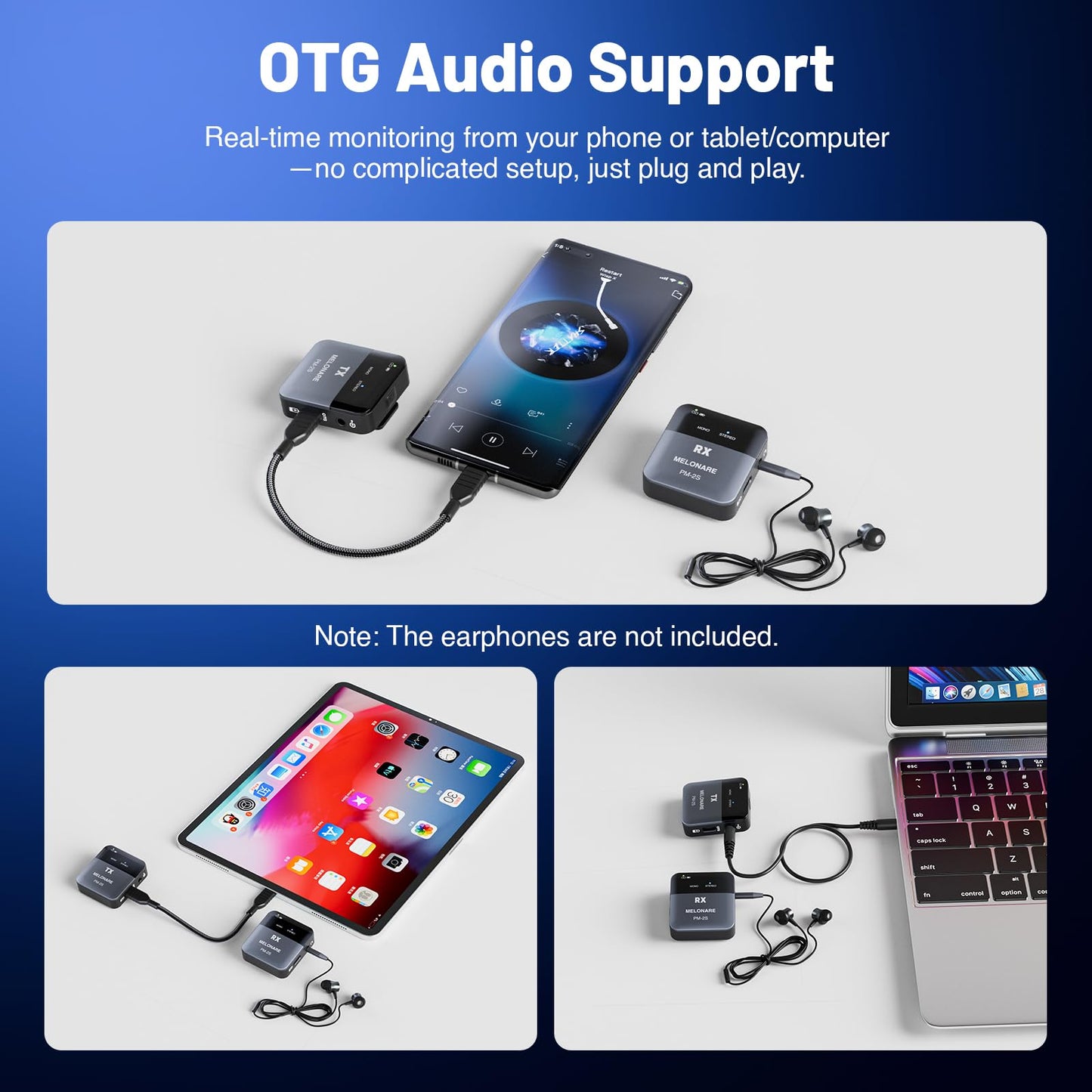MELONARE PM-2S Portable Wireless in Ear Monitor System, Mono/Stereo Switch, Wireless Audio Transmitter and Receiver, 24bit/48kHz Audio, OTG Input, IEM
