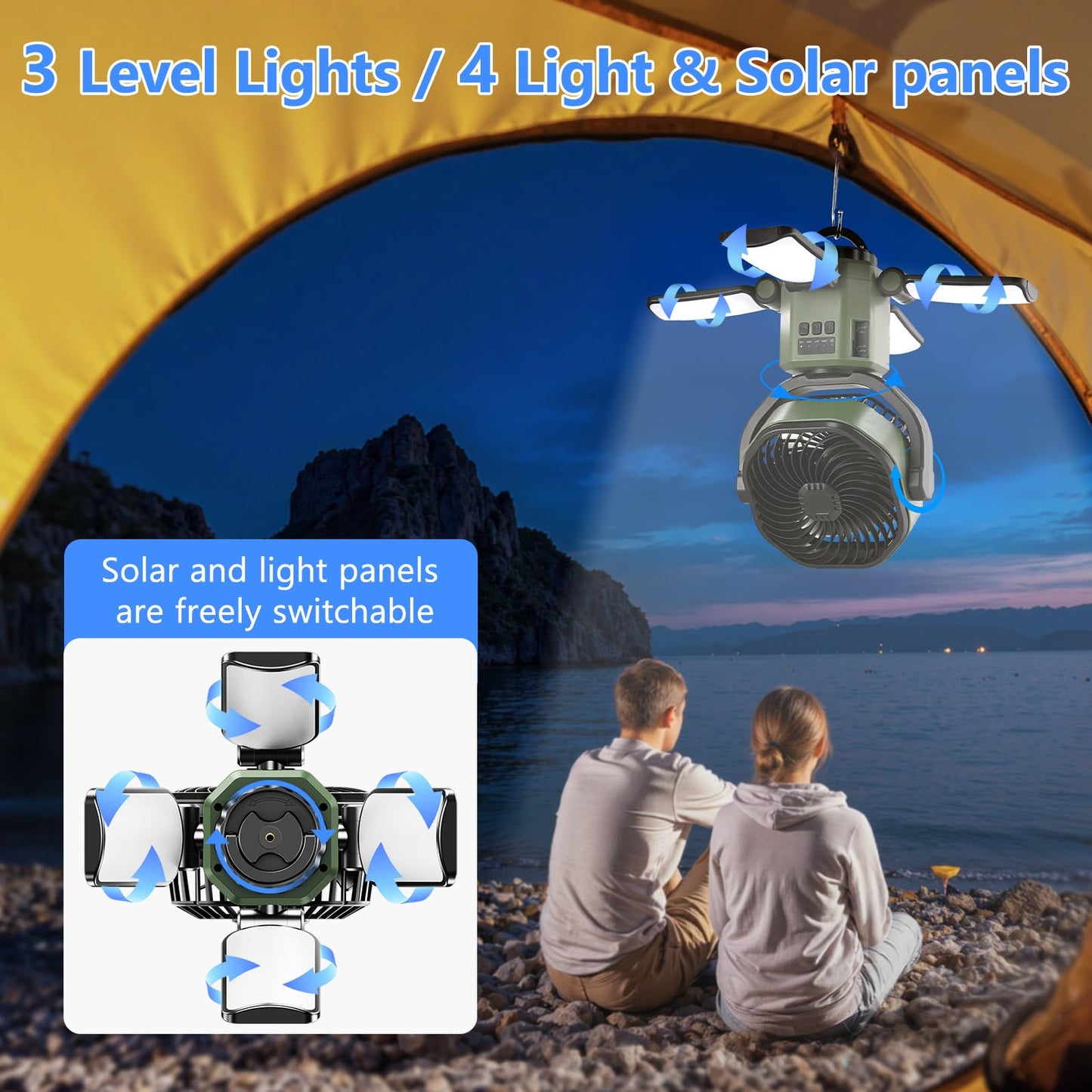 Nauttxon Rechargeable Solar Camping Fan with 4 Solar & Light Panals