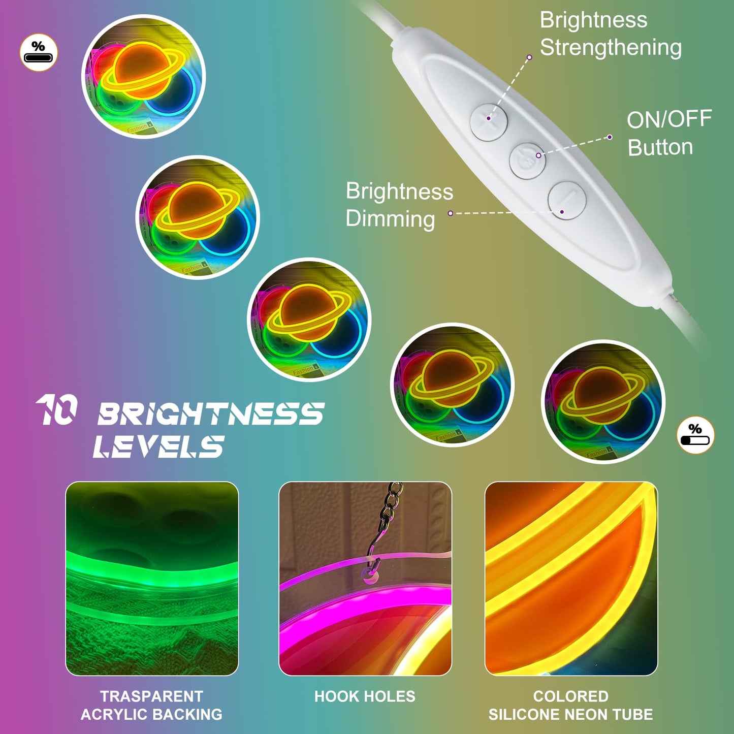 Planet Neon Sign 16.5x12.2inch Big Dimmable Saturn Led Light Colorful USB Powered Four-Planet Combination Space Neon Light Up Sign for Bedroom Living