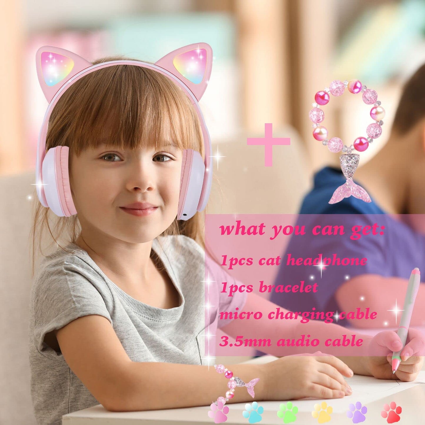 kuyaon Wireless Headphones for Kids, Cat Ear LED Light Up Bluetooth Kids Headphones with Microphone for School/Travel/Sports/Gaming/Gifts/Christmas