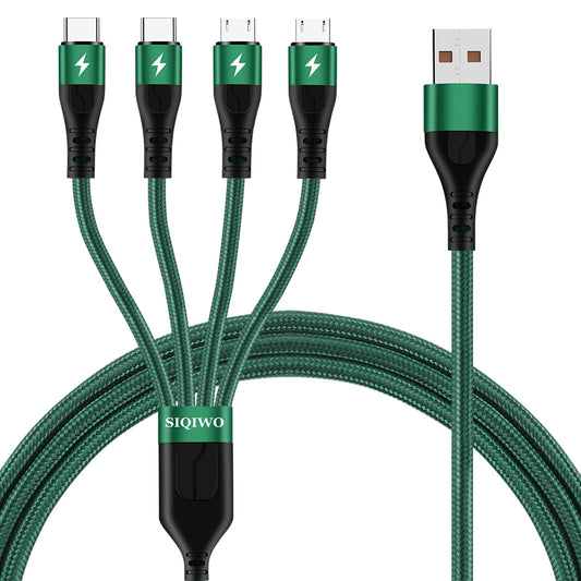 SIQIWO Multi Charging Cable, [3A 4ft 2 Pack] 4 in 1 USB Braided Charger Cord with 2 Micro USB/2 Type C Ports, for iPhone 15/16/17 Series, Samsung