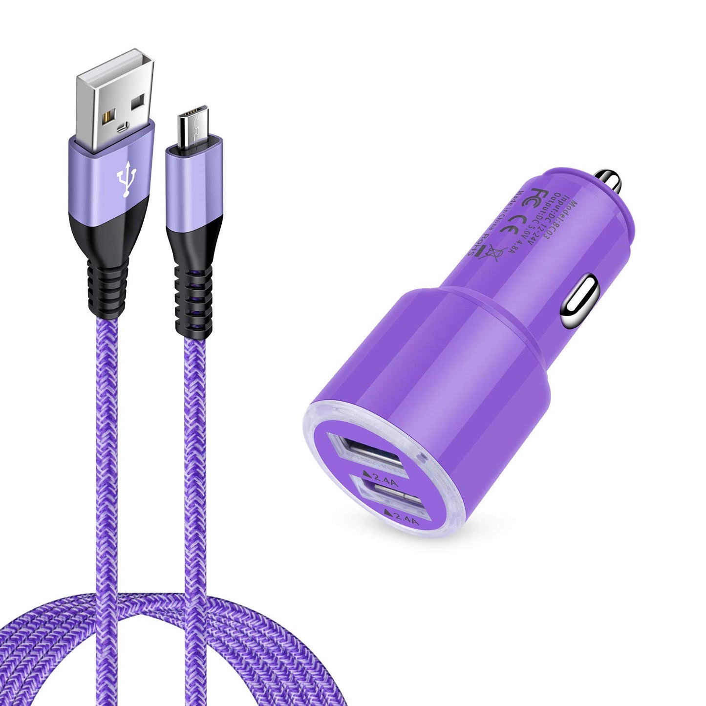 Dual 4.8A Fast Car Charger with Android Micro USB Cable for Samsung Galaxy S7 S6 J8 J7/J7V/Star/Crown/Prime/Refine J3, Note 5 4, Moto E4 E5 G4 G5 G6