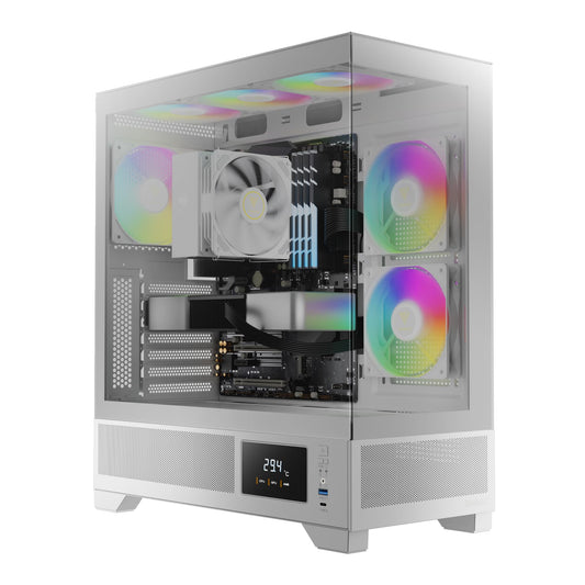GAMDIAS White Mid Tower Gaming Computer Case w/Display& App, ATX Tempered Glass PC Case, Built-in 3x120mm ARGB PWM Fans, Up to RTX GPU/VGA 410mm &