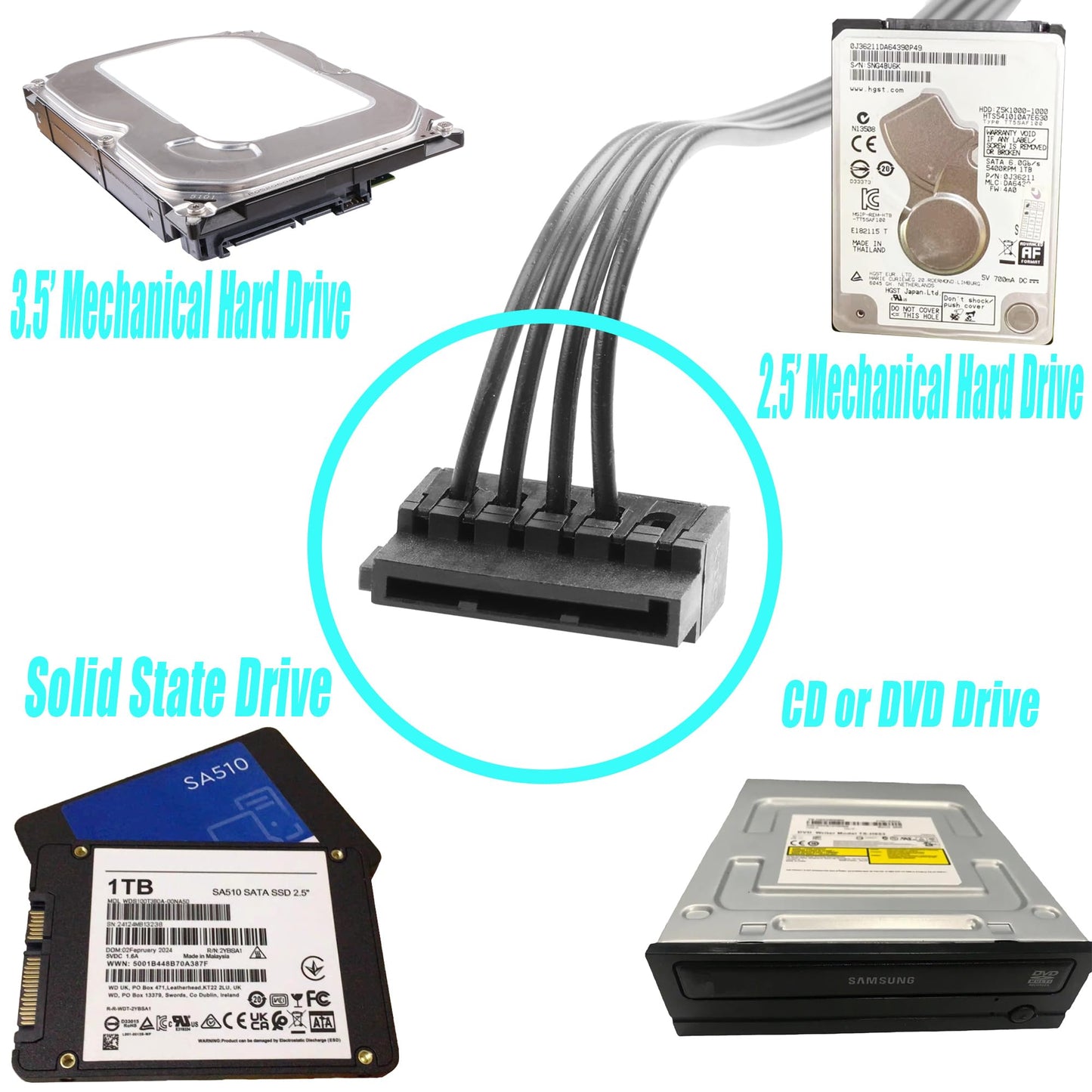 ELFJMZP SATA 15PIN Male to 4 SATA 15 Pin Female Power Splitter 1 to 4 Serial ATA Powered Expansion Cable for PC/NAS/Server SSD/HDD, DVD/CD-ROM - 20.5