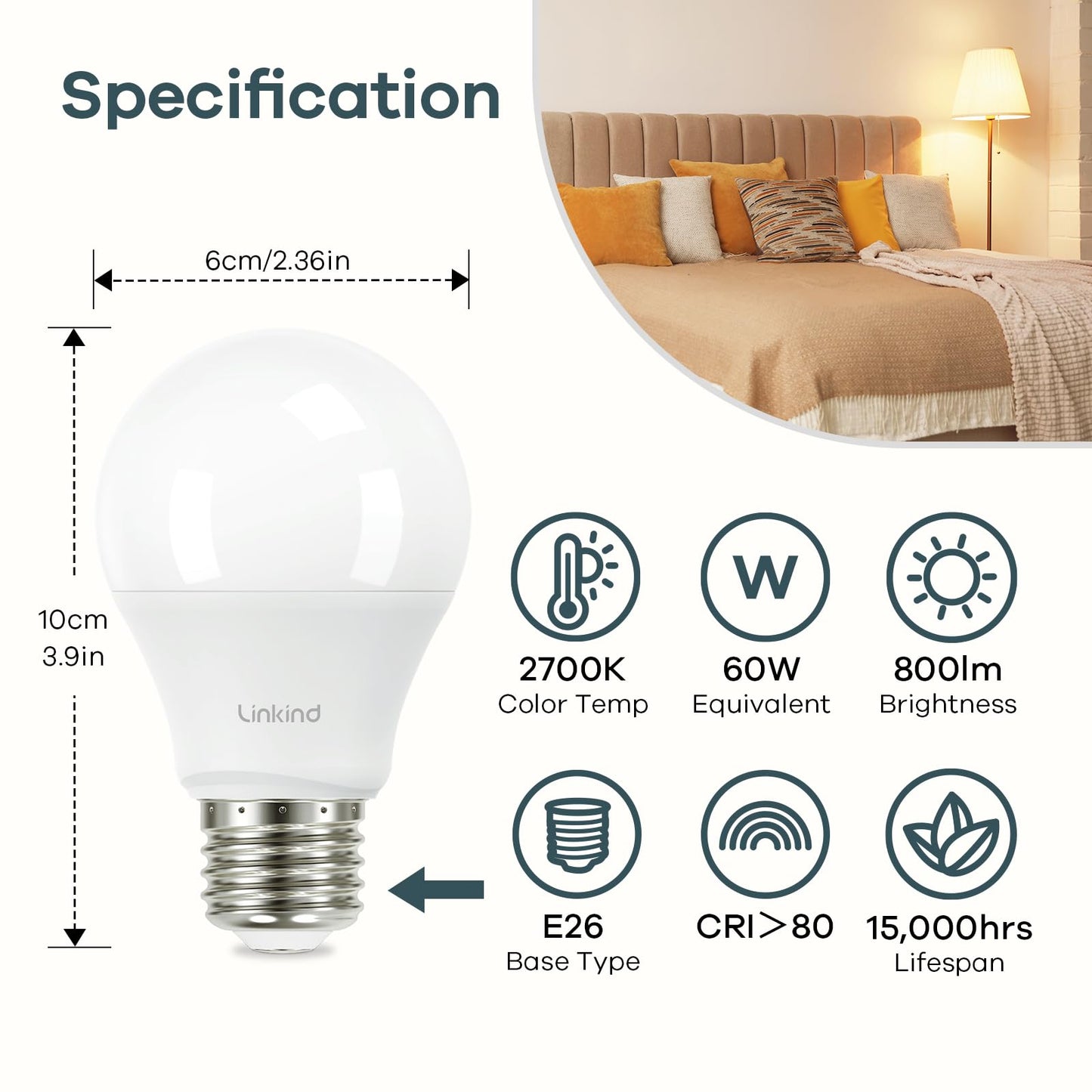 Linkind A19 LED Light Bulbs, 60 Watt Equivalent, 2700K Soft White 6 Packs