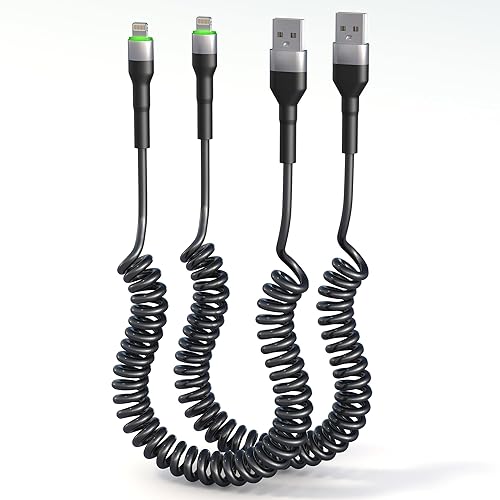 Coiled USB Lightning Cable 2 Pack Apple Carplay[MFi Certified], Coiled USB to Lightning Cable with Data Transmission and LED for Car, Retractable…