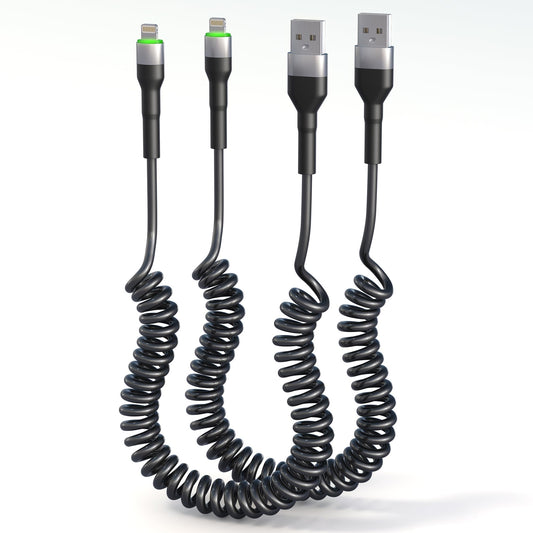 Coiled USB Lightning Cable 2 Pack Apple Carplay[MFi Certified], Coiled USB to Lightning Cable with Data Transmission and LED for Car, Retractable…