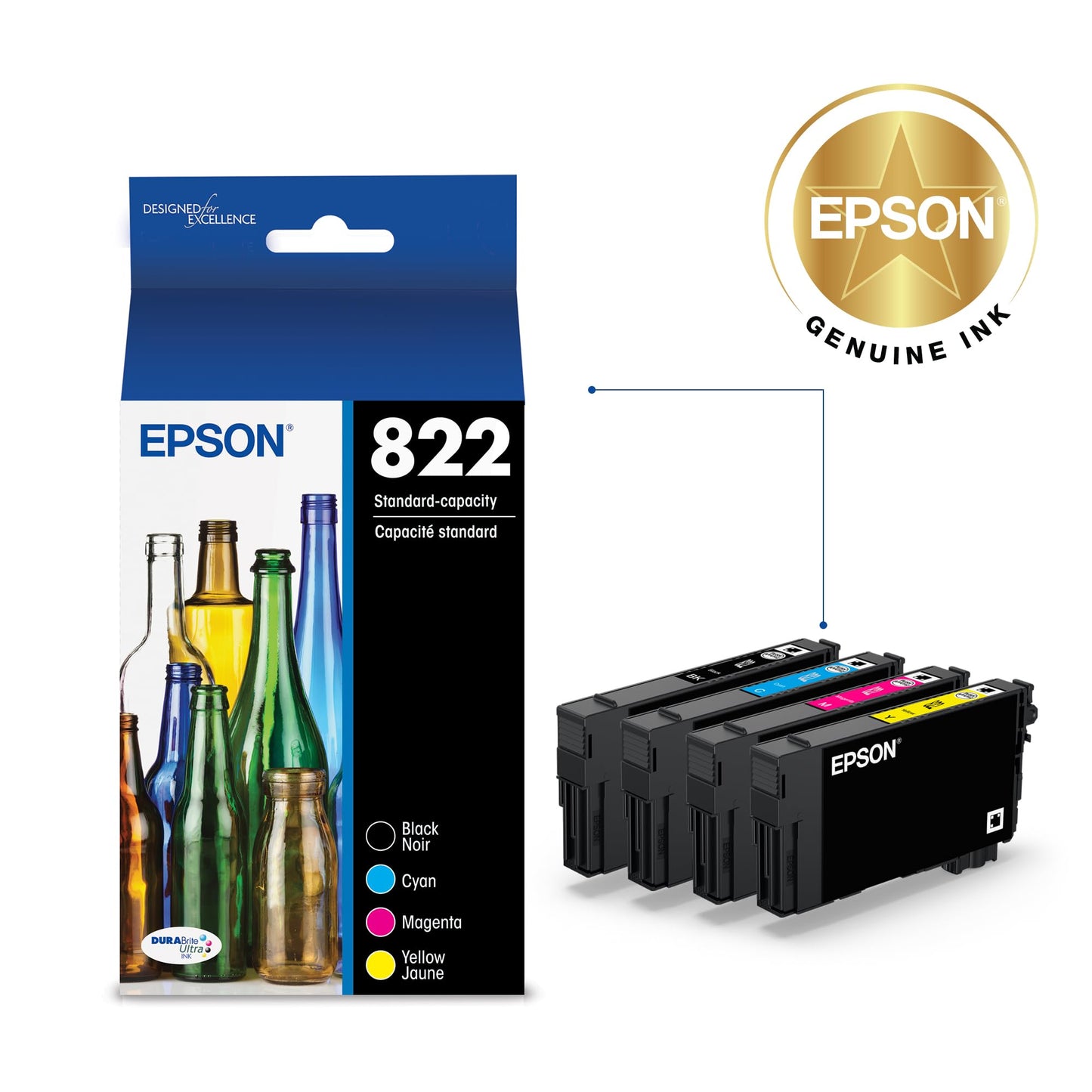 EPSON 822 DURABrite Ultra Ink Standard Capacity Black & Color Cartridge Combo Pack (T822120-BCS) Works with WorkForce Pro WF-3820,3823, 4820, 4830