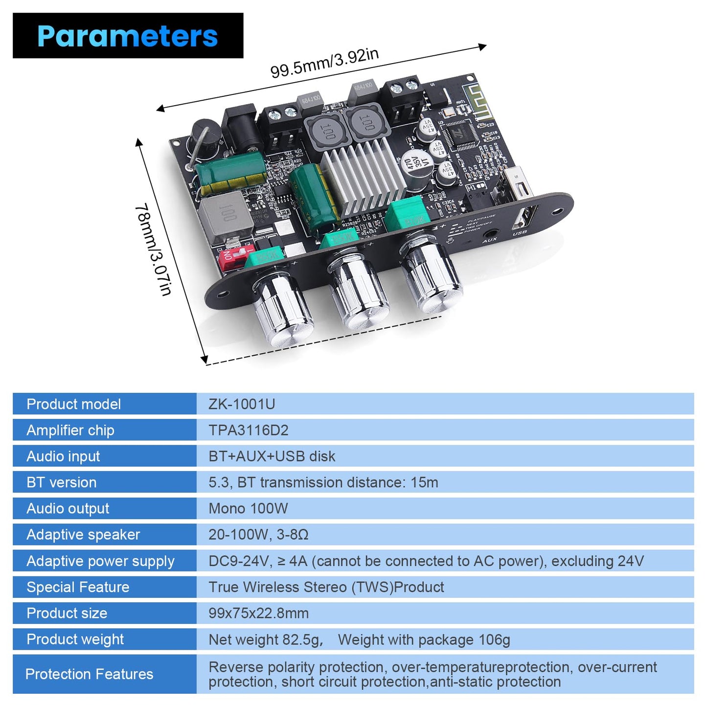 2PCS ZK-1001U Mono Bluetooth Amplifier Board, 100W Peak Power, TWS Stereo, 9-24V Input, USB/AUX/Bluetooth Input for DIY Wireless Speakers