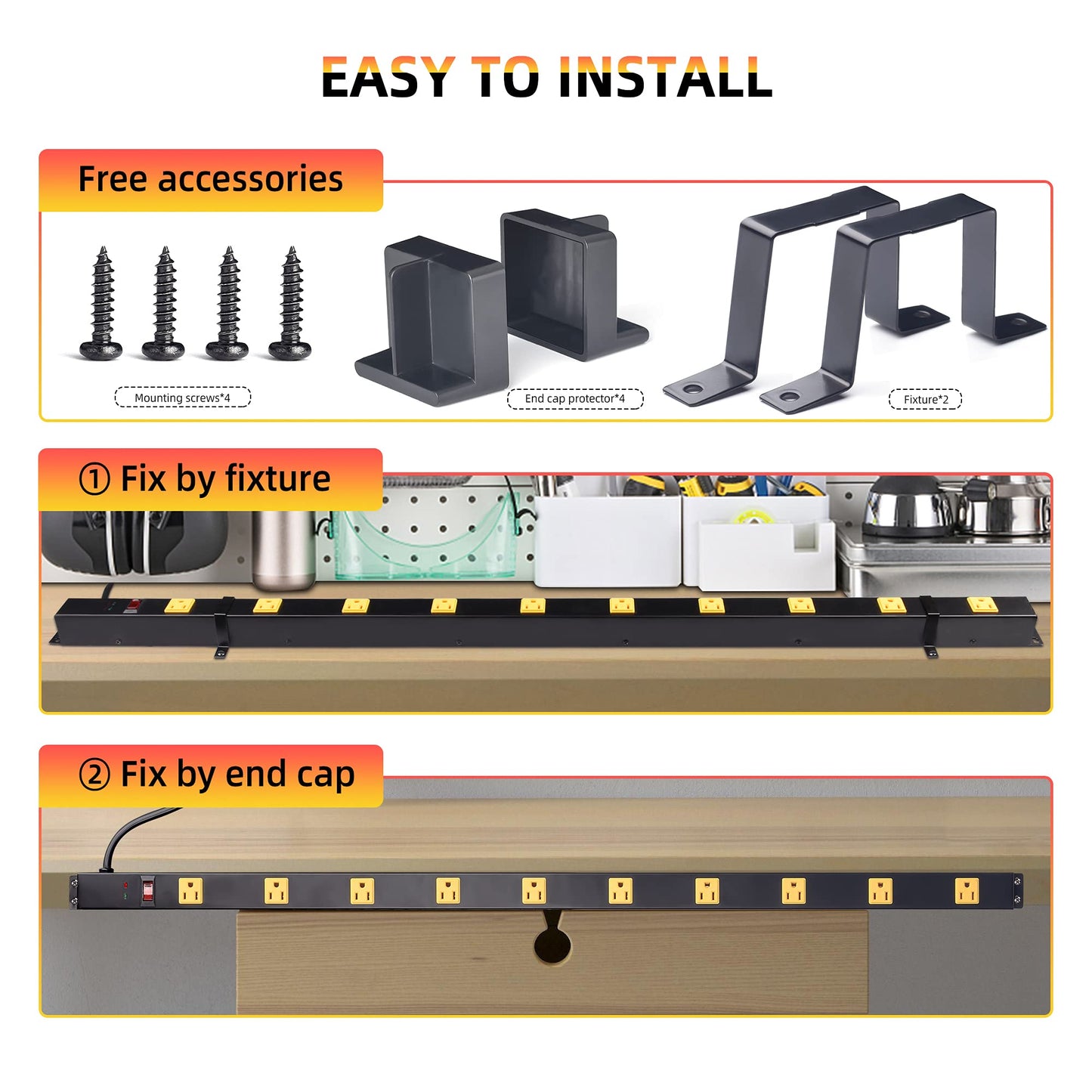 10 Outlet Long Power Strip Surge Protector, Heavy Duty Industrial Metal Power Strip 6 Feet, Wall Mountable, for Work Bench, Shop, Garage, Black (1000