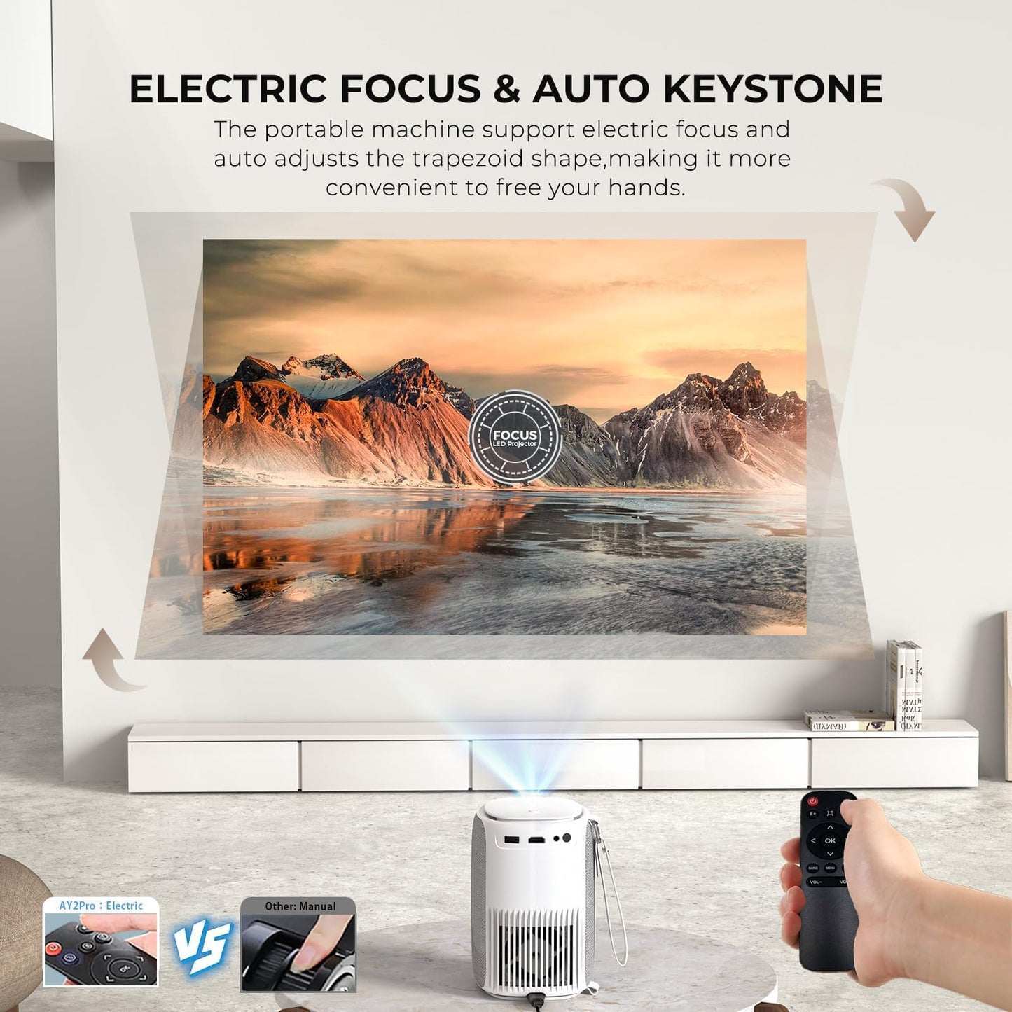 [Electric Focus & Auto Keystone] Mini Projector With WiFi And Bluetooth, ONOAYO GivingYou AY2Pro Portable Projector 550 ANSI, Ultra Low Noise & Lens
