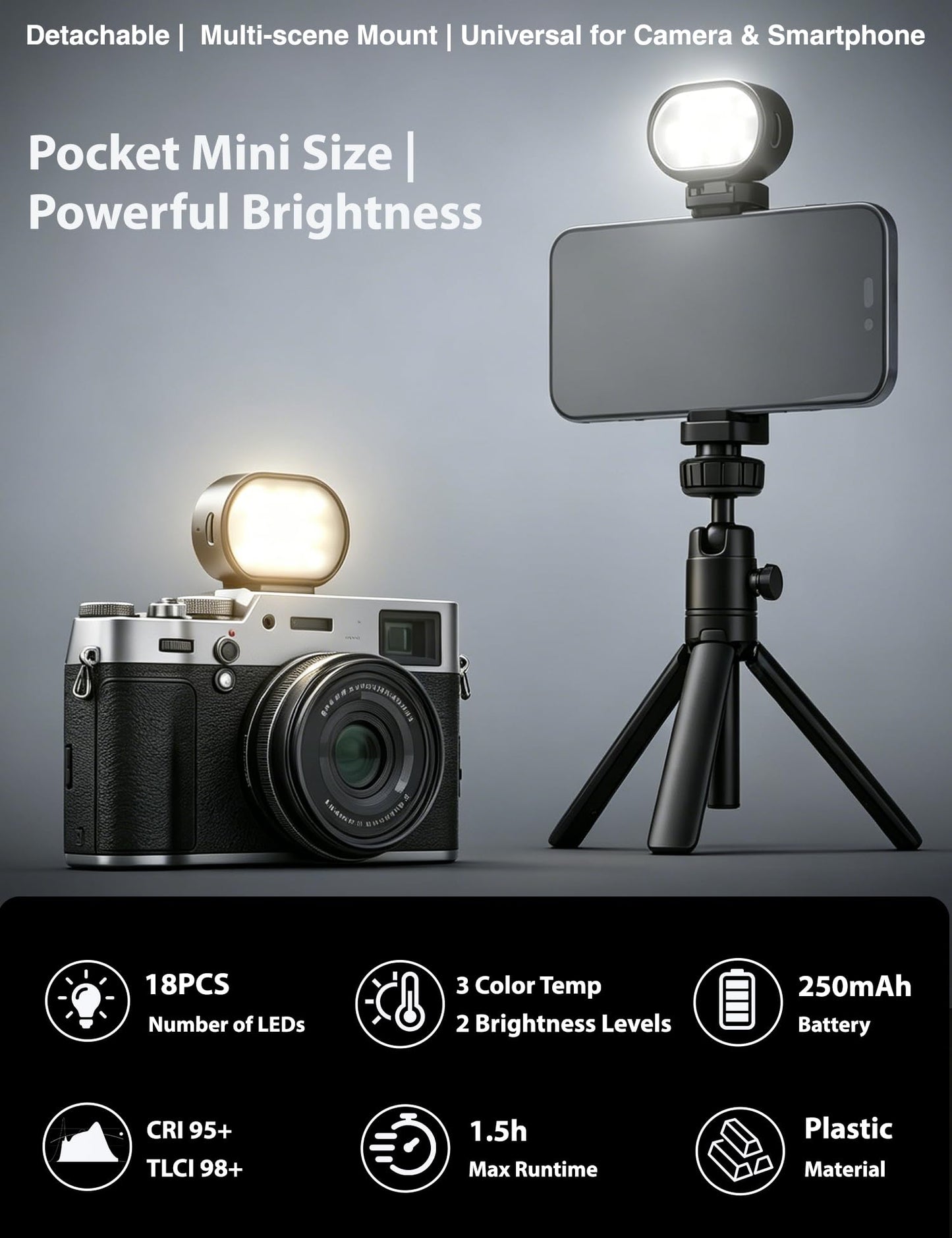 16? Selfie Stick & Desktop Tripod for Phone with Light, 3 Color Modes & 2 Brightness Levels, Portable Phone Stand for Selfie, Vlogging, Makeup, Video