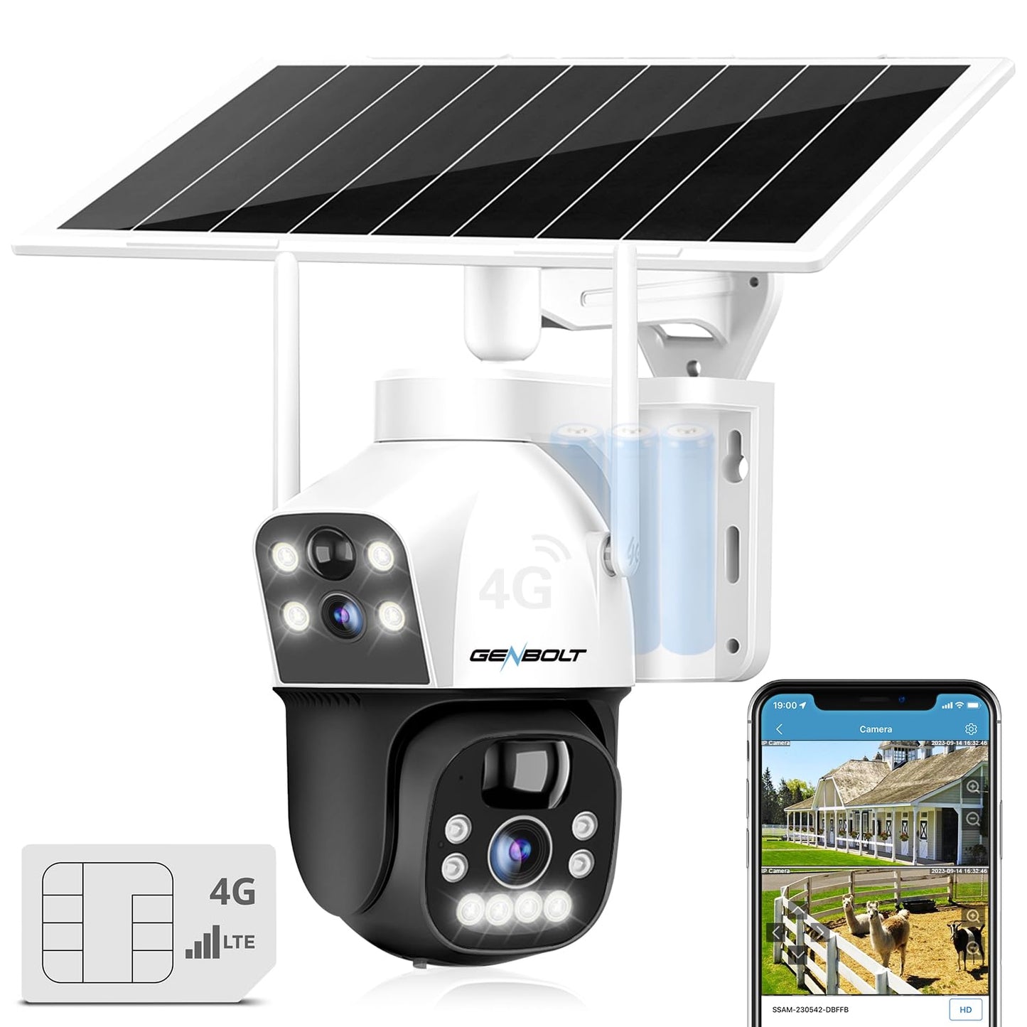 GENBOLT 3G/4G LTE Cellular Solar Security Camera Outdoor Wireless, 8W 15600mAh Battery Operated Surveillance IP Camera No WiFi, Dual Lens Spotlight