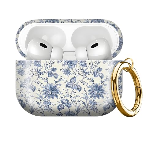 for AirPod PRO 3 2025 Case Shockproof and dustproof Wireless Earbuds case Cover with Golden Ring Keychain(Delicate Blue Flowers)