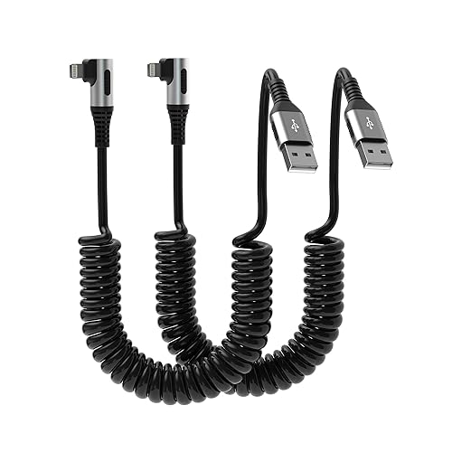 90 Degree Coiled Lightning Cable, 2 Pack iPhone Charger Cable for Apple Carplay [MFi Certified], USB Fast Charging Coiled Lightning Cable Right Angle…