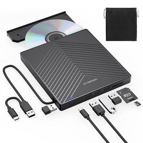 ORIGBELIE External CD DVD Drive, Ultra Slim CD Burner USB 3.0 with 4 USB Ports and 2 TF/SD Card Slots, Optical Disk Drive for Laptop Mac, PC Windows