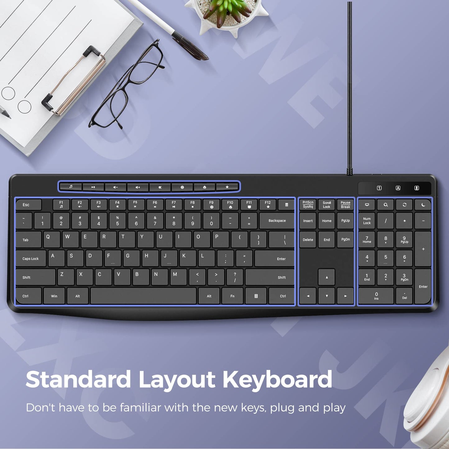 Virfour Wired Keyboard,Quiet Keyboard, Multimedia USB Computer Keyboard, Silent Keyboardwith Low Profile Chiclet Keys,Large Number